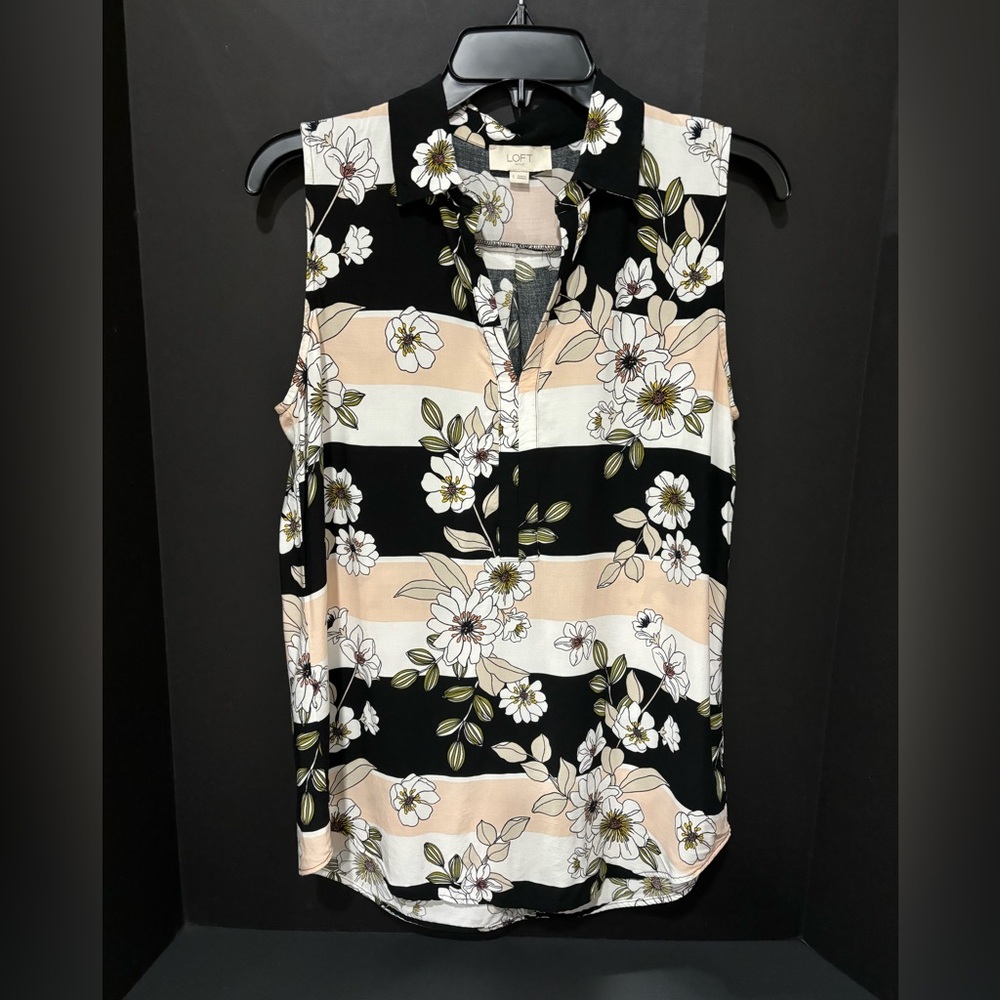 LOFT Outlet Floral Stripe Sleeveless V Neck Collar Shirt Blouse